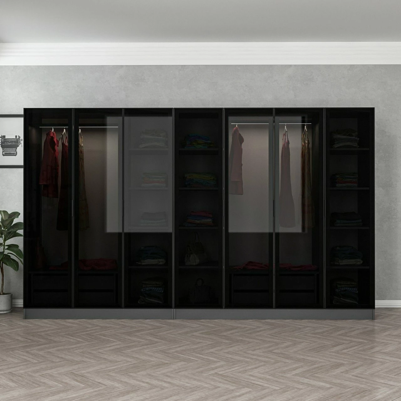 Dollap garderobe Skye Decor, anthracite e zi, 315x190x52cm, 10 pjesë