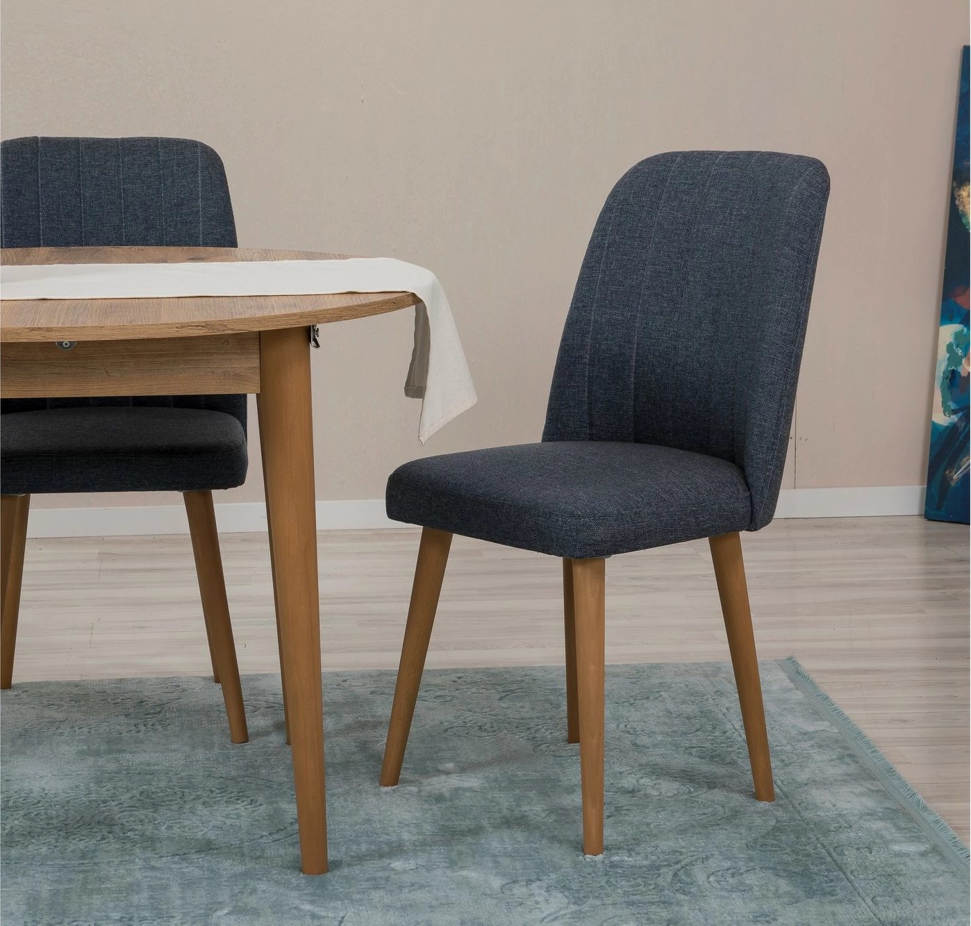 Tavolinë me karrige, zgjatshme, 3 copë, Skye Decor, Vina 1048, ngjyrë Atlantic Pine, karrige blu e errët