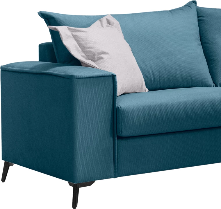 Divan Verona 3-ulës, pëlhurë blu, jastëkë ngjyrë gri e çelët, 225x93x100 cm