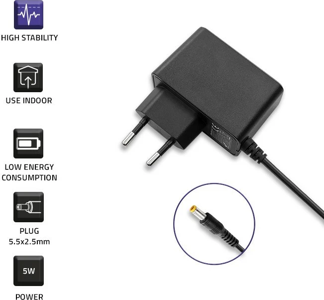 Kasë furnizimi Qoltec 51021, 5W, 5V, 1A, 5.5x2.5mm, e zezë