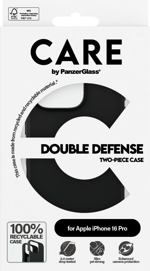 Mbështjellës PanzerGlass CARE Case Double Defence për iPhone 16 Pro, zi