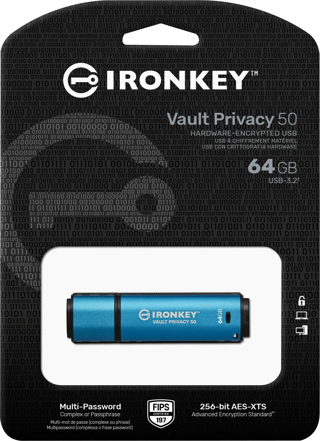 USB Kingston IronKey Vault Privacy 50 64GB, USB 3.2, i zi/kaltër