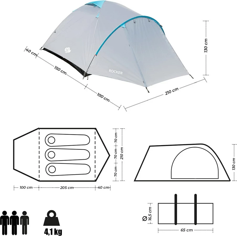 Tendë kampingu NILS eXtreme ROCKER NC6013, për 3 persona, hiri