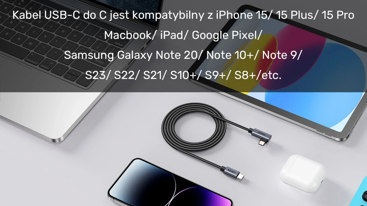 Kabëll USB-C Unitek, 90° PD100W, 1m, zi-gri