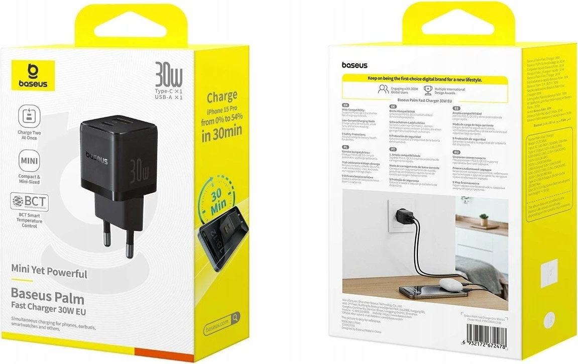 Karikues rrjeti Baseus Palm P1011160A113-00 30W, 1x USB-A + 1x USB-C, PD/QC, pa kabllo, i zi