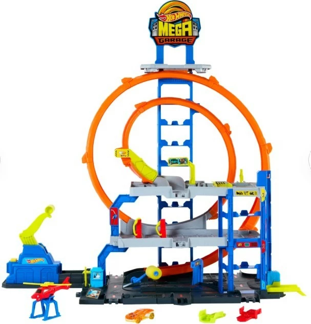 Set garazh lodër Hot Wheels City Mega Garage Gigaploop me helikopter dhe makinë, shumëngjyrësh