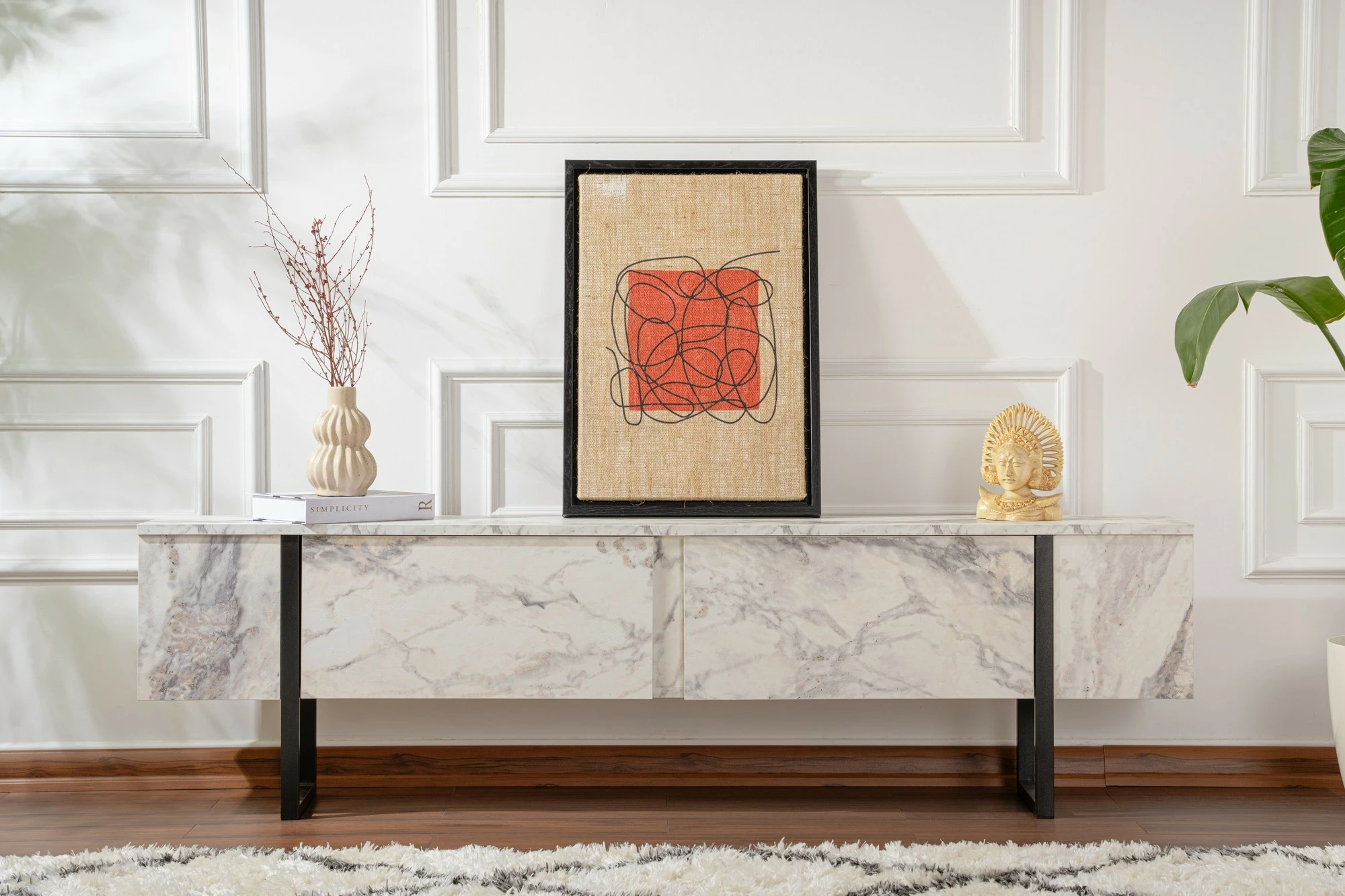 Komodë televizori Nordure, ngjyrë Freesia Marble, e zezë