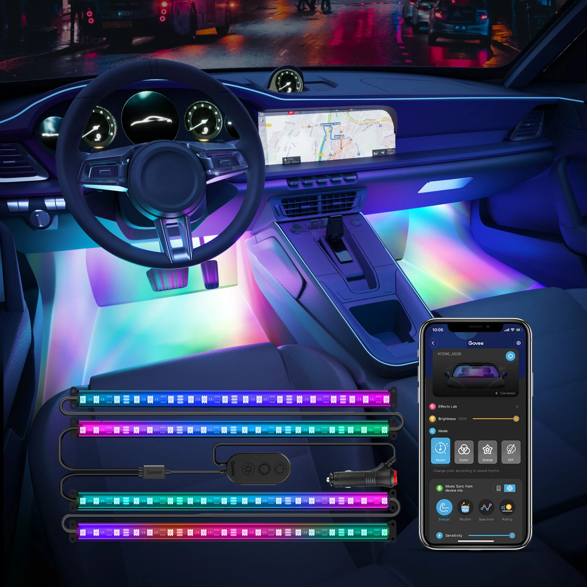 Shirit drita LED për brendi veture Govee H7090, RGBIC, Bluetooth, 12V, 4x 30 cm (set 4 copë)