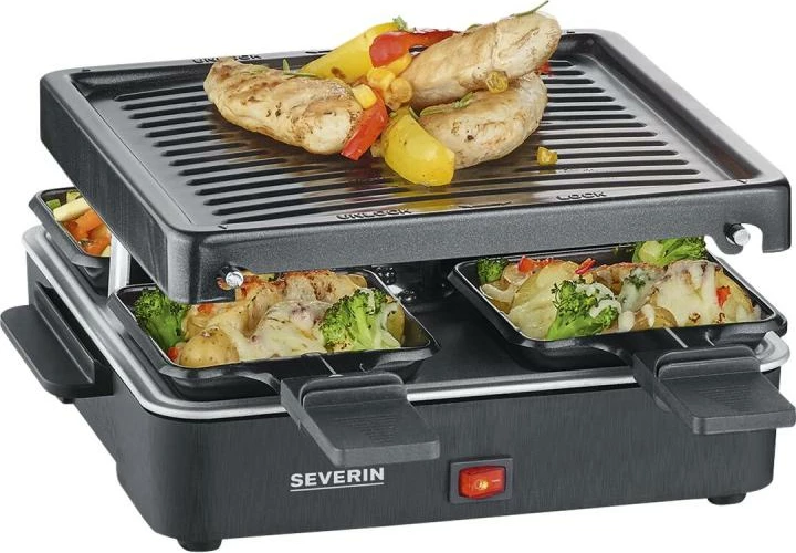 Grill raclette, Severin RG 2370, për 4 persona, pllakë grill jo ngjitëse, e zezë