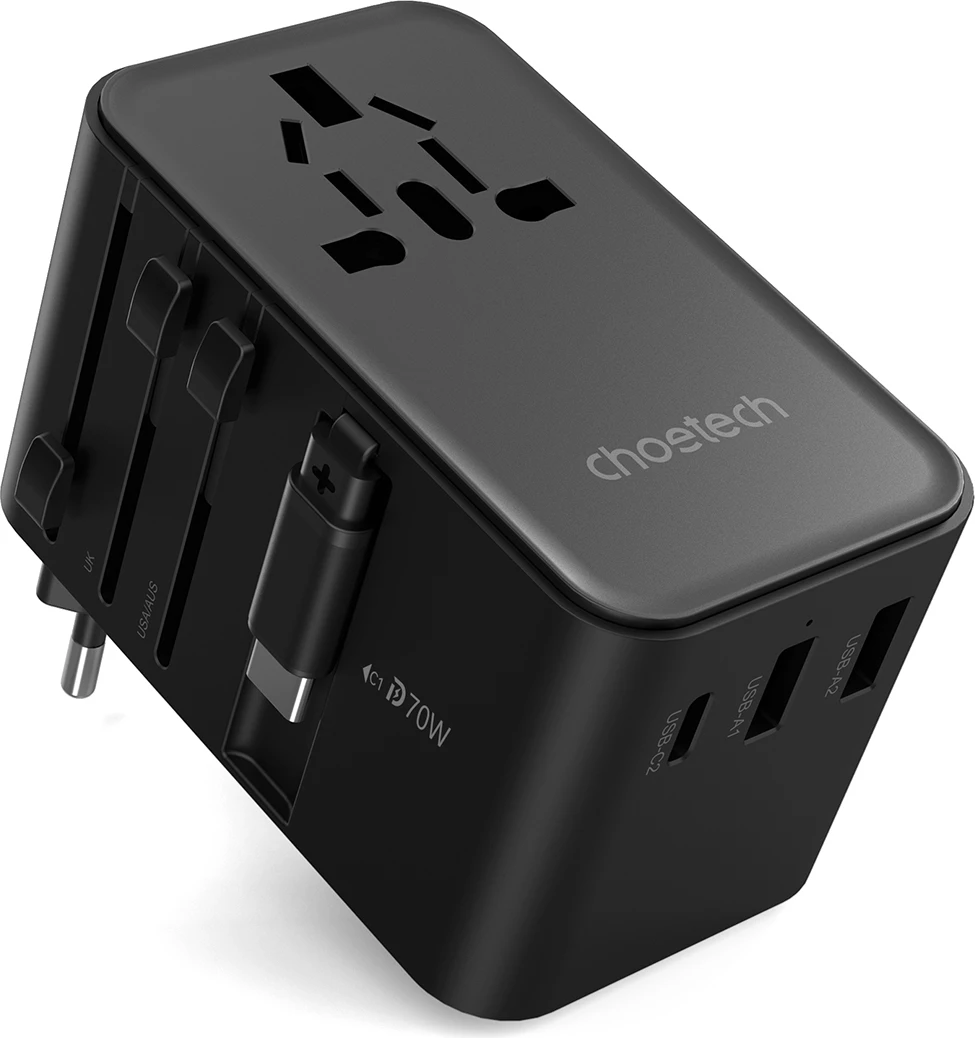 Adapter udhëtimi Choetech PD5022 me karikues 70W, 4 porta, USB-C/USB-A, i zi