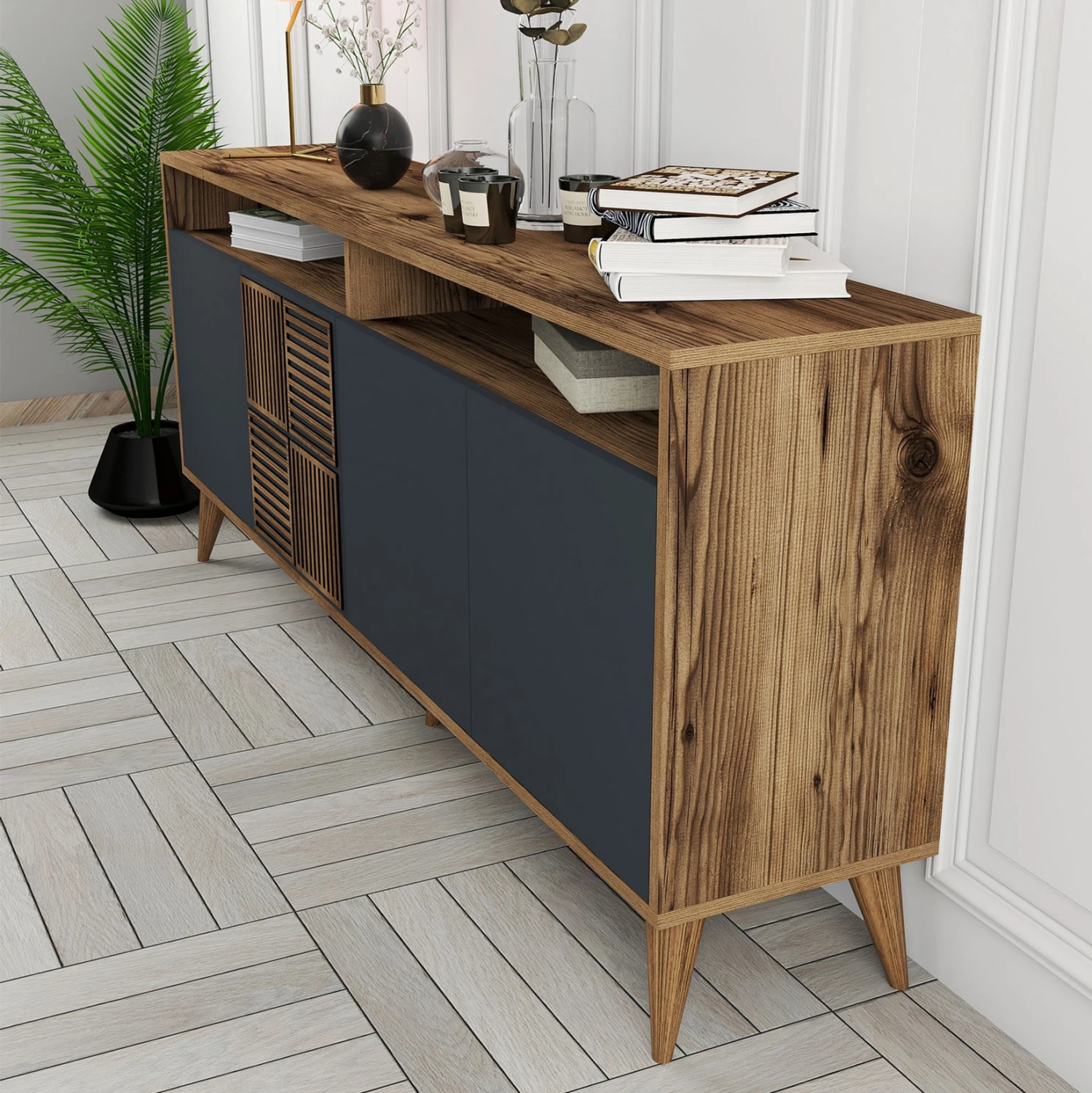 Bufe melamine, ngjyrë arre dhe gri qymyr, 180x35x78.6H cm, FH9431.01