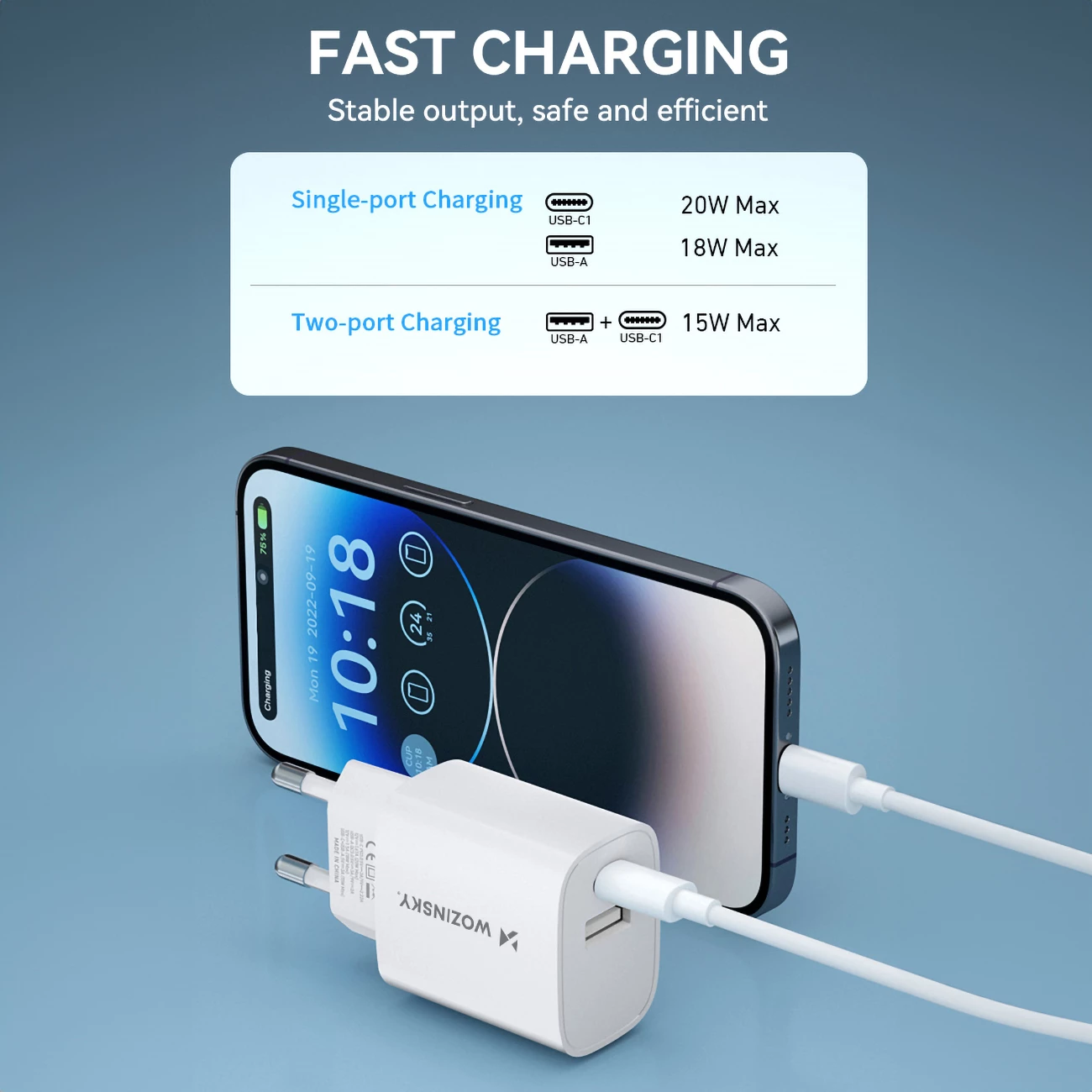 Karikues muri Wozinsky WGWCW, 20W, 2 porta USB-A/USB-C, i bardhë