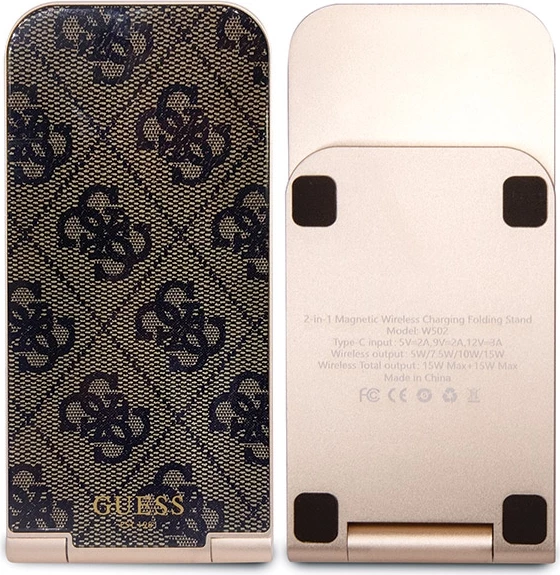 Karikues induktiv 2-në-1 Guess Pattern MagSafe, 15W, kafe, i palosshëm