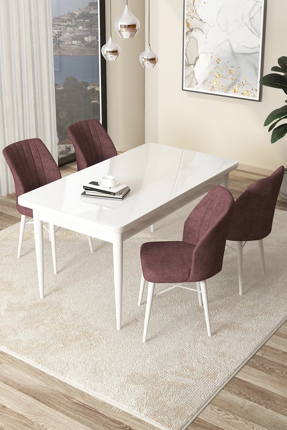 Tavolinë me karrige, 5 copë, Skye Decor, e bardhë, rozë e zbehtë