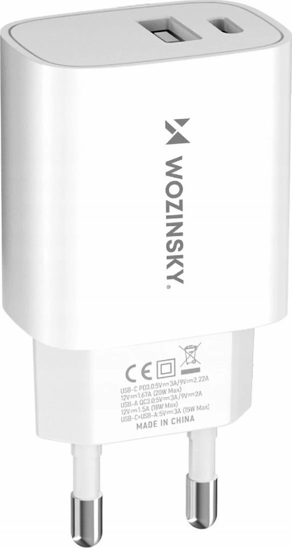 Karikues rrjeti Wozinsky WGWCW 20W USB-A + USB-C, 2 porta, i bardhë