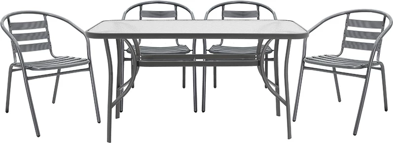 Tavolinë me karrige Ensure-Tade, metal-xham, ngjyrë gri e errët, 140x80x70cm, 5 copë