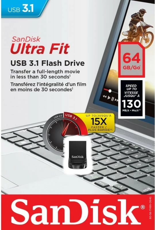 USB flash SanDisk Ultra Fit 64GB, USB 3.1, 130MB/s, e zezë