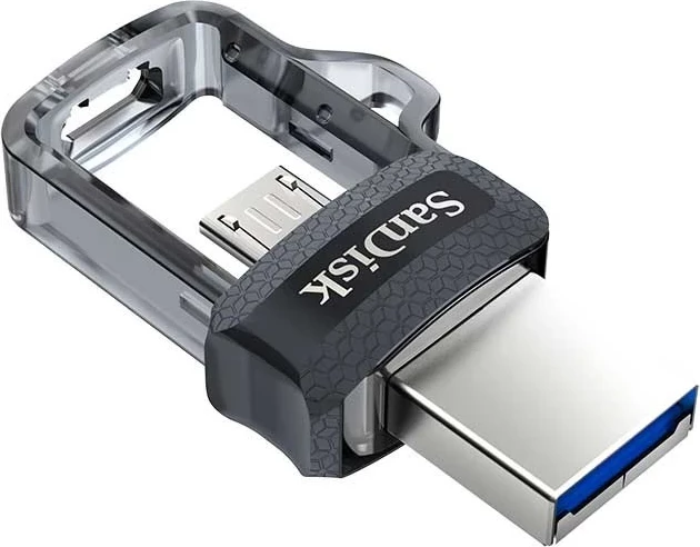USB Flash SanDisk Ultra Dual m3.0, 64 GB, USB Type-A / Micro-USB 3.2 Gen 1 (3.1 Gen 1), E zezë, Argjendtë, Transparent