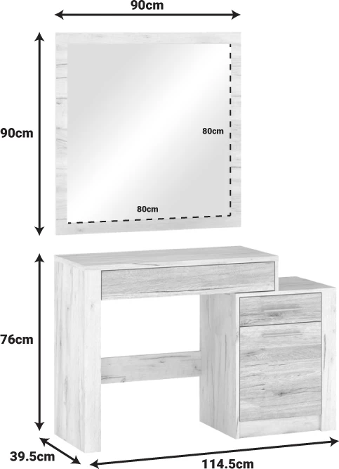 Tavolinë për grim me pasqyrë, ngjyrë e bardhë antike-lisi, 114.5x39.5x76cm