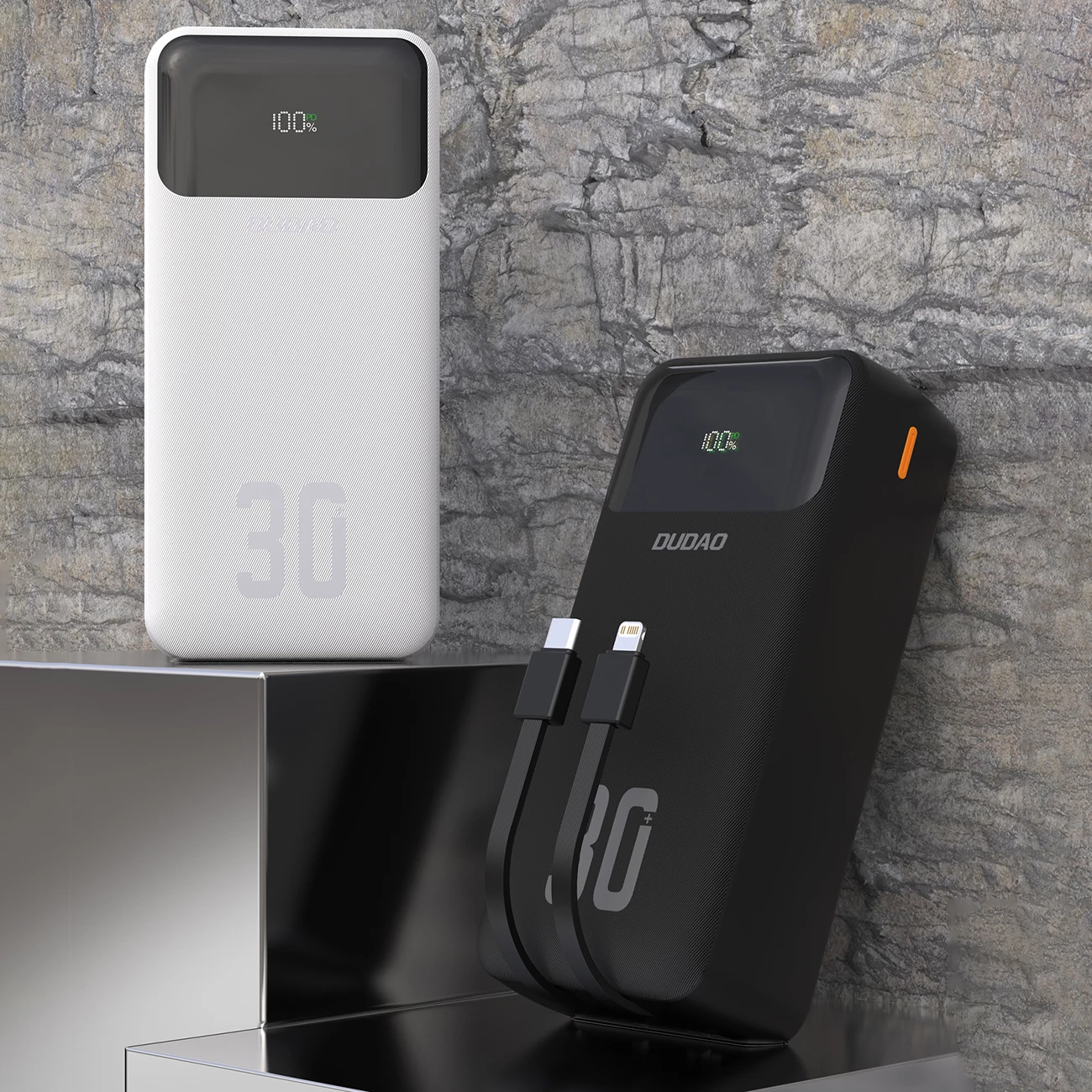 Powerbank Dudao K15MAX, 30000mAh, 22.5W, me kabllo të integruara, e zezë