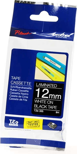 Kasetë shirit etiketues, Brother, TZE-335, 12mm x 8m, e bardhë mbi të zezë