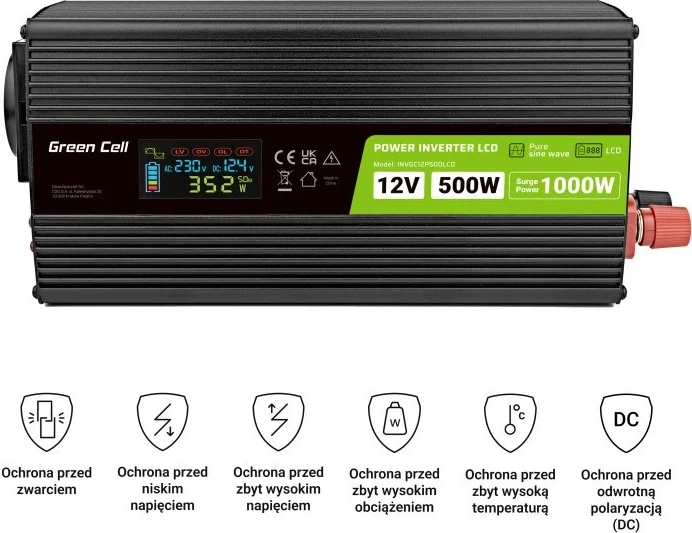 Invertor Green Cell PowerInverter LCD 12V 500W/10000W, valë e pastër, i zi