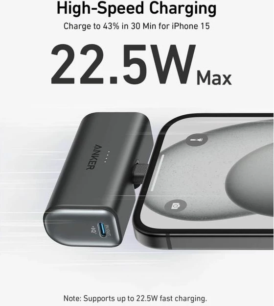 Powerbank Anker Nano 5K A1653H11 5000mAh 22.5W USB-C me konektor të palosshëm, e zezë, set me kabllo USB-C në USB-C 0.6m