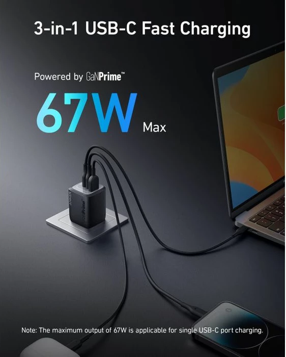 Karikues muri ANKER Prime A2669313, 67W GaN, 3 porta (2x USB-C, 1x USB-A), i zi