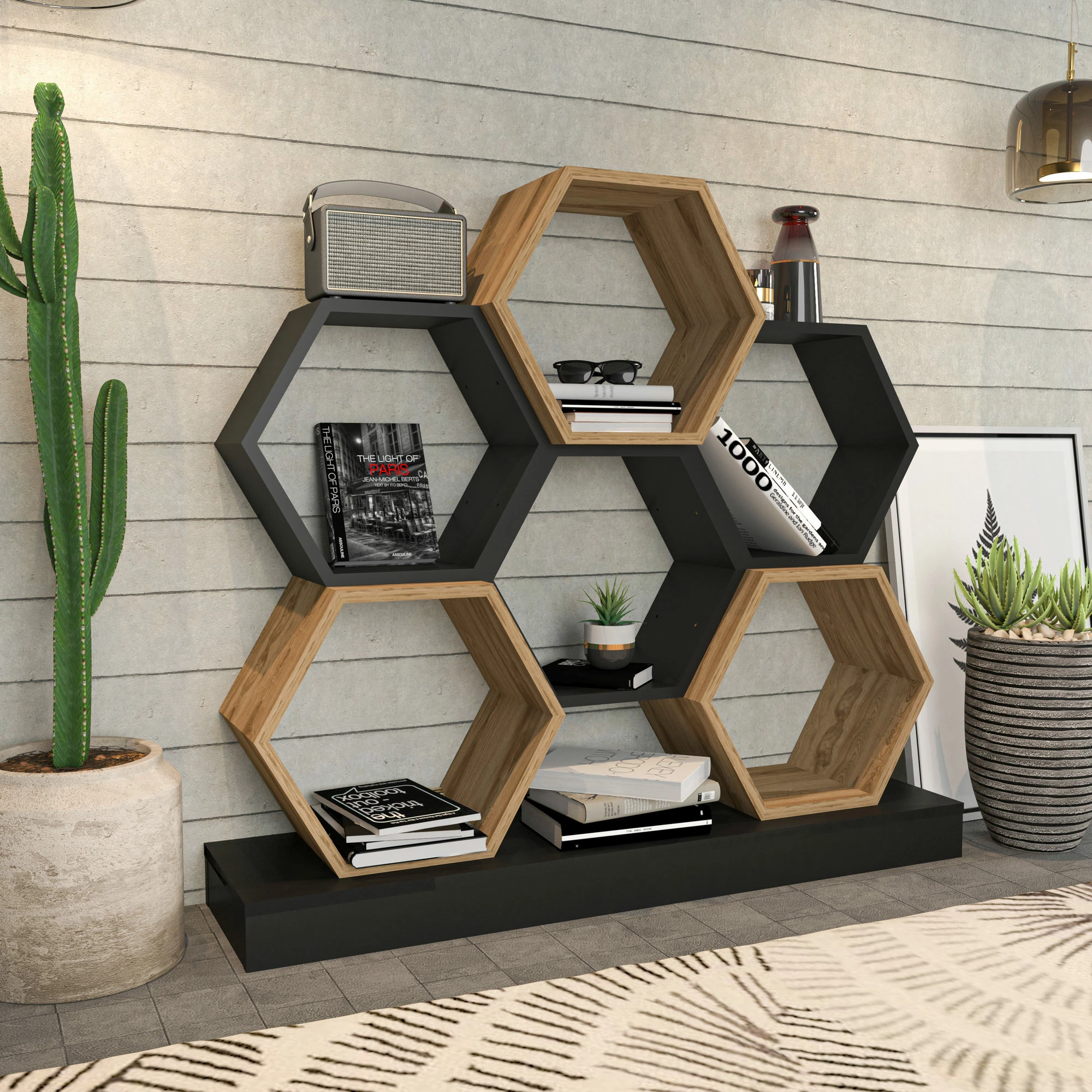 Raft librash Hanah Home, model Cicek, ngjyrë e zezë dhe lis