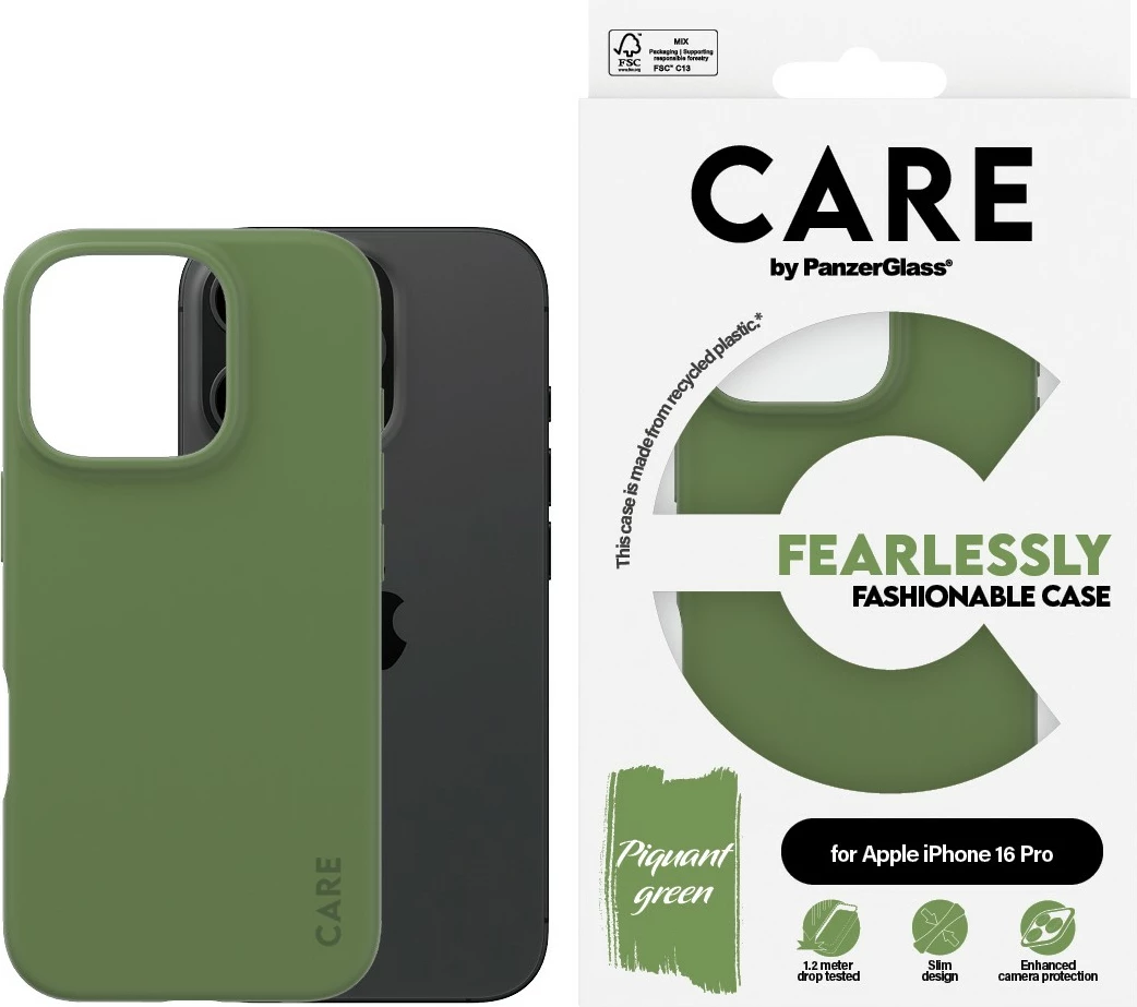 Mbështjellës PanzerGlass CARE Case Fashion për iPhone 16 Pro, silikon, e gjelbër