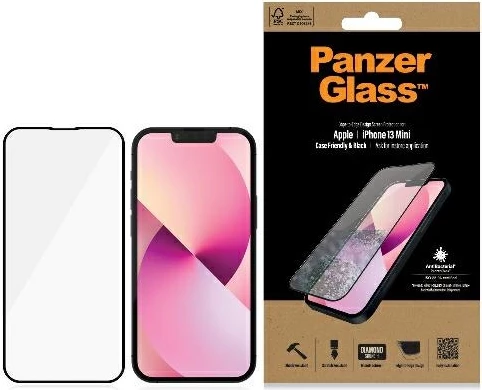 Xham mbrojtës PanzerGlass E2E Microfracture për iPhone 13 mini, me kornizë të zezë