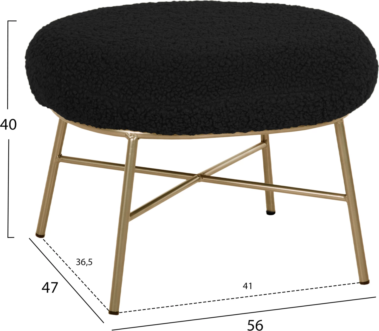 Karrige për këmbë TRUDI, FH8640.24, pëlhurë boucle e zezë dhe bazë metalike e artë, 56x47x40H cm