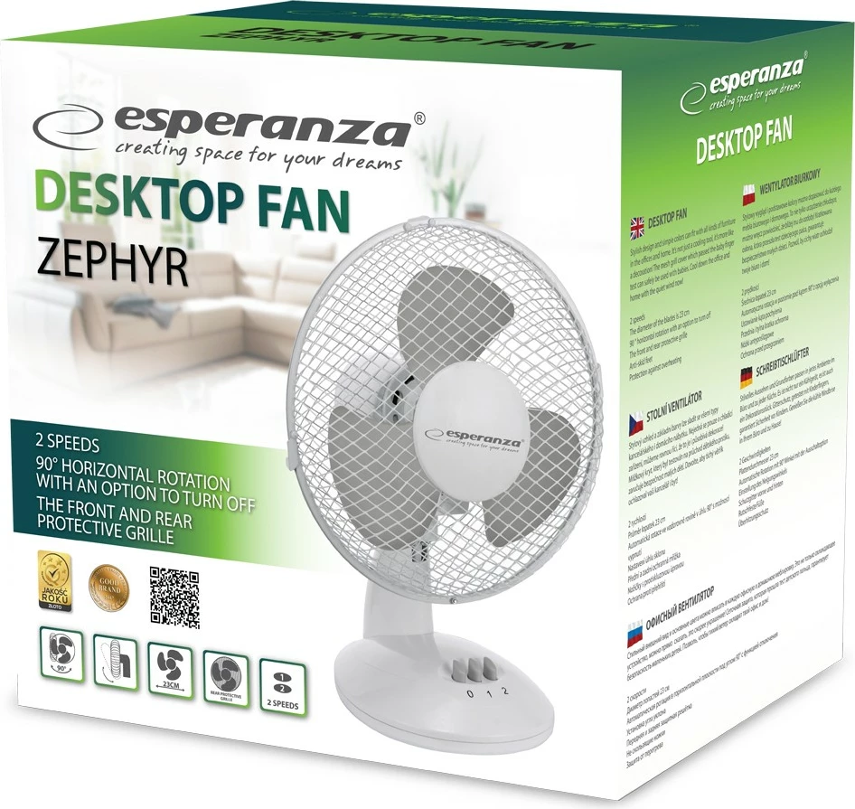 Ventilator tavoline Esperanza Zephyr EHF004WE, 23 cm, 30W, Bardhë-Gri