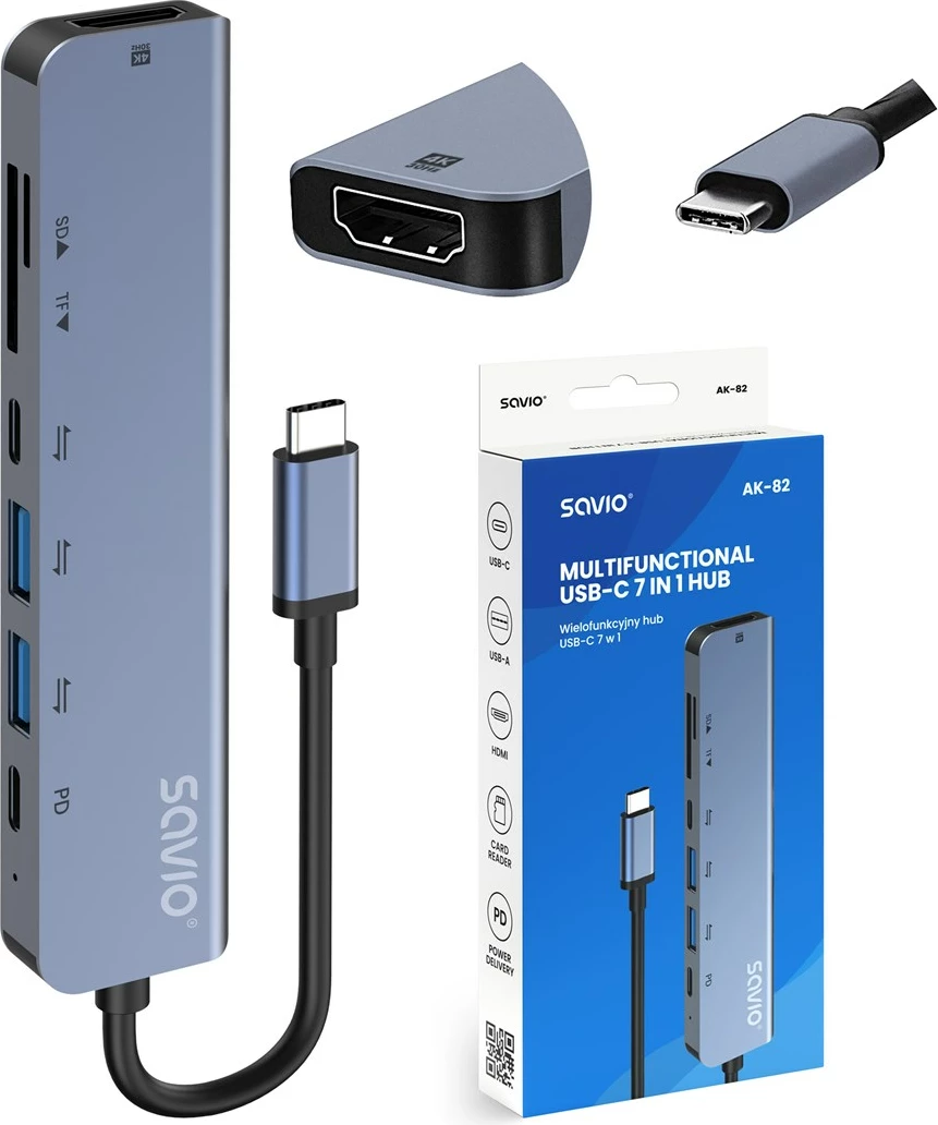 Hub USB-C Savio AK-82, 7 porte, 4K Ultra HD, i zi
