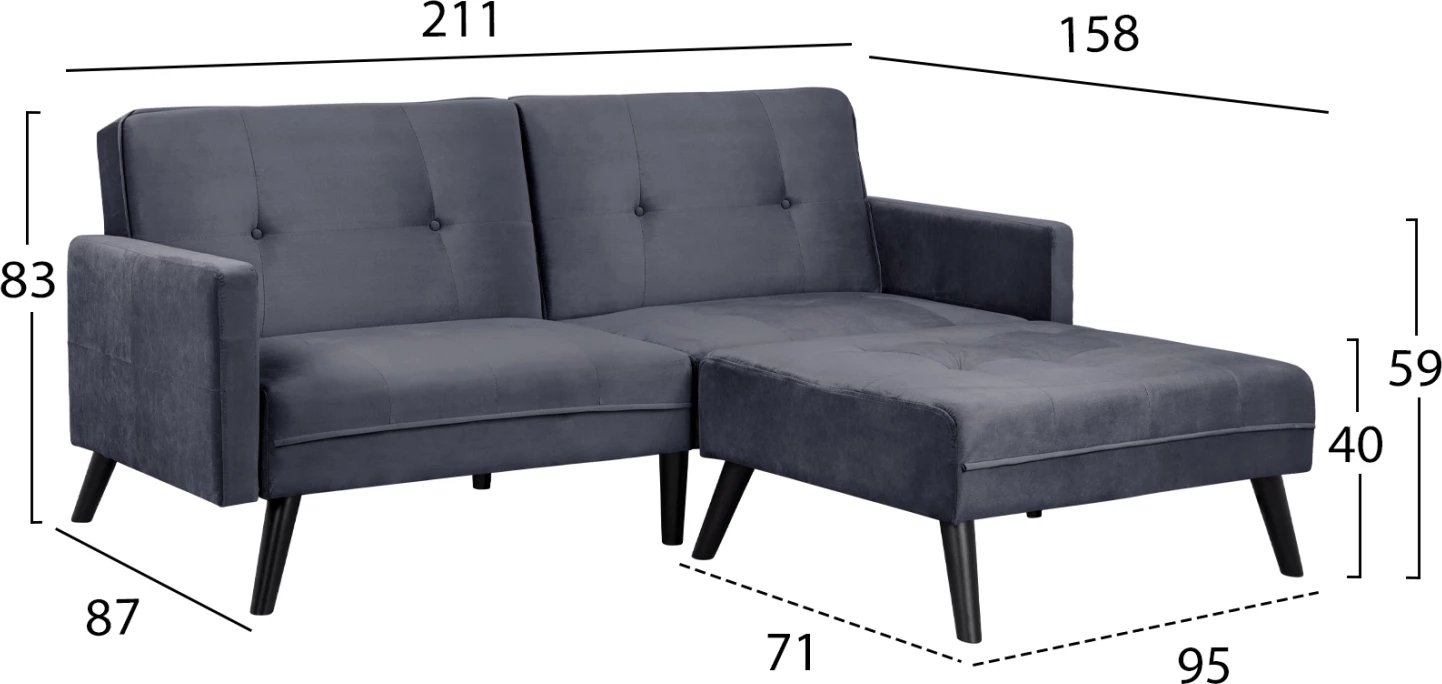 Kënd divani shtrat Livia FH3151.01 kadife gri me këmbë 211x158x83cm