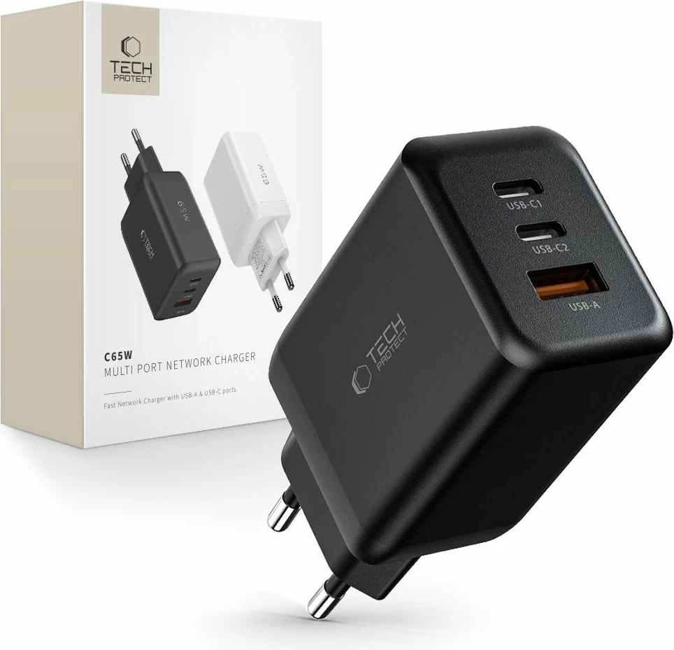 Karikues universal Tech-Protect C65W, 65W, 2x USB-C PD, 1x USB-A QC 3.0, i zi