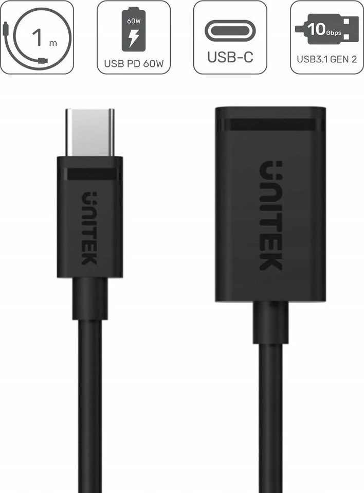 Kabllo adapter Unitek C476BK-1M USB-C në USB-A 1m 10Gbps 60W, e zezë