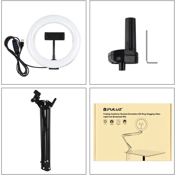 Mbajtës tavoline me ring light Puluz PKT3089B, 20cm, 3 ngjyra, me USB