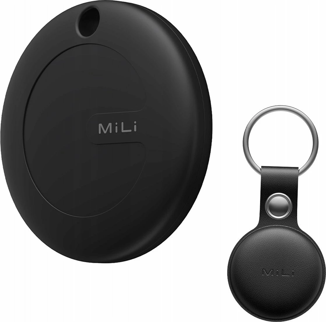 Lokator GPS/Bluetooth MiLi MiTag, BLE 5.0, IP65, bateri CR2032, kompatibil me Android Find My Device, i zi, me këllëf lëkure keychain, 1 copë