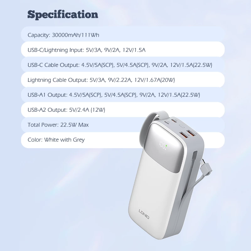 Power bank LDNIO PQ30 30000mAh 22.5W me kabllo të integrume USB-C/Lightning, 2 porta USB, e bardhë