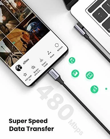 Kabllo USB-C në USB-C Ugreen 70643, 1m, 100W PD, USB 2.0, konektor 90°, e zezë