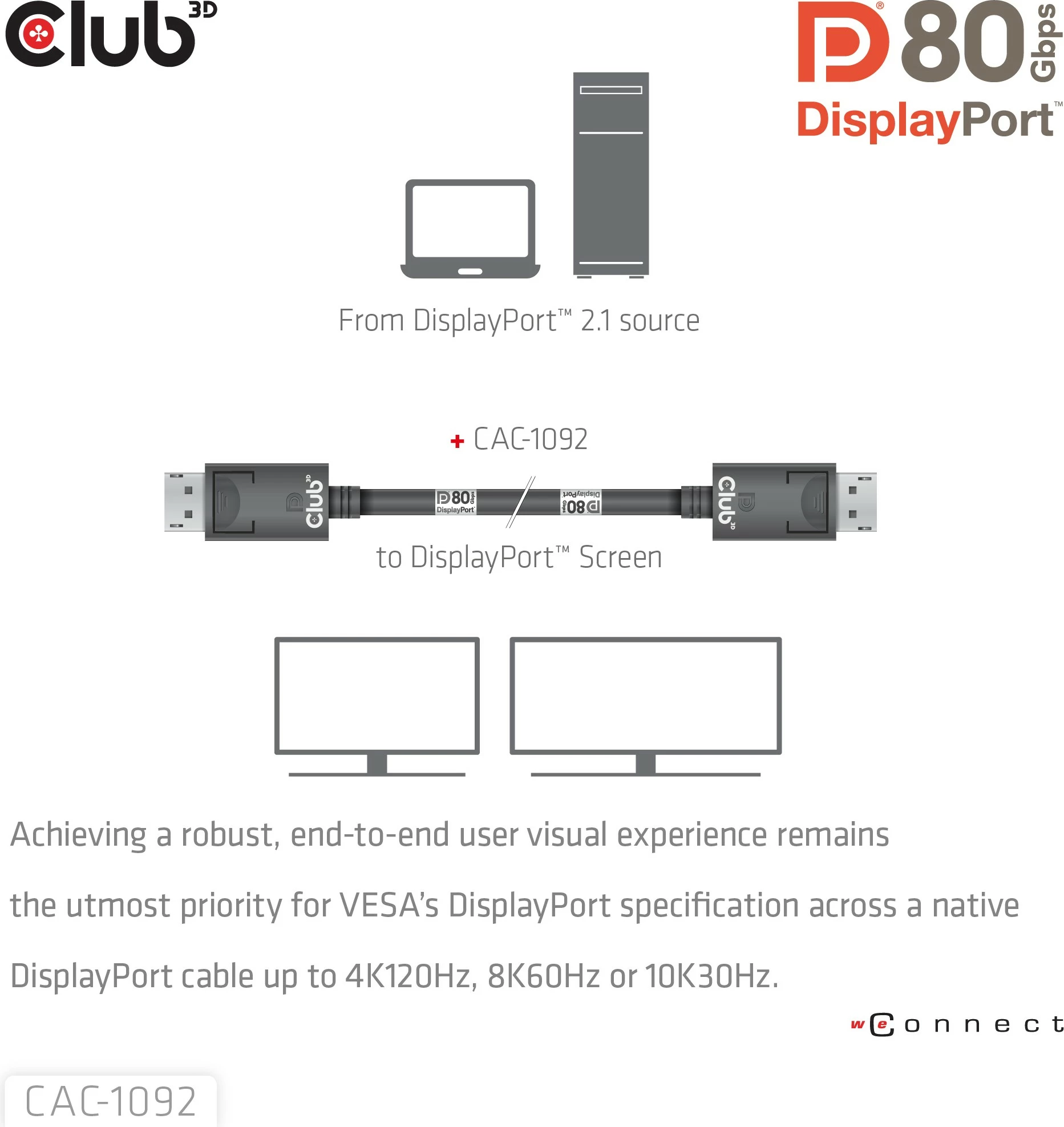 Kabllo DisplayPort Club3D DP-Kabel 2.1 DP80, 1.6m, e zezë