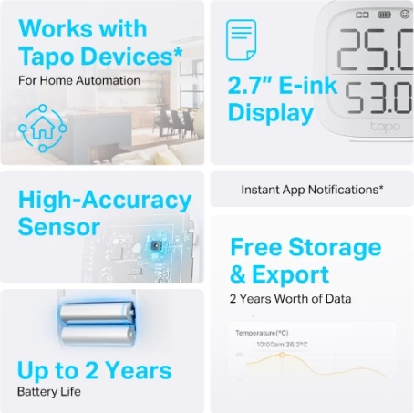 Sensor i mençur temperature dhe lagështie TP-LINK Tapo T315, ekran 2.7" E-ink, i bardhë, set me 2 bateri AAA