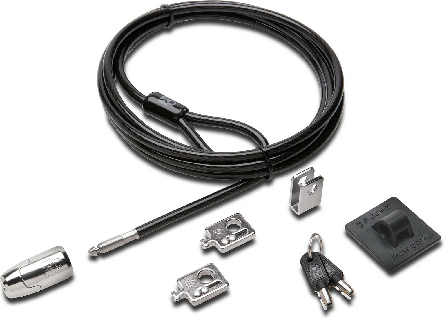 Set sigurie Kensington Desktop & Peripherals Locking Kit 2.0, 2.44m, çelës, karbon çelik, zi/argjend