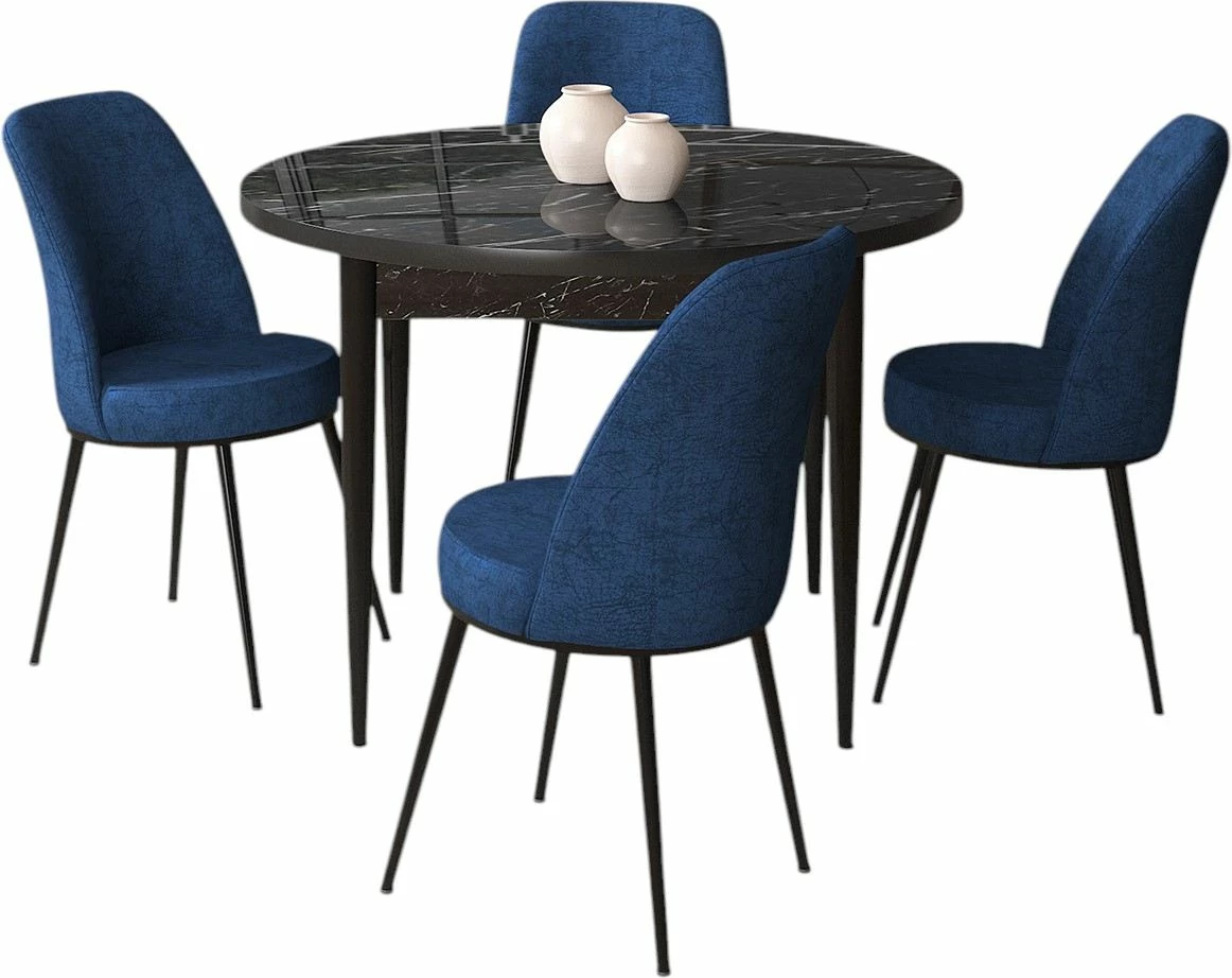 Tavolinë me karrige, 5 copë, Skye Decor, mermer i zi, karrige blu e errët