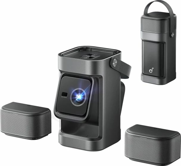 Projektor portativ smart ANKER Nebula P1, Full HD 1080p 650 ANSI, Google TV, deri 180\", me 2 altoparlantë wireless 20W, gri e errët, set me altoparlantë të shkëputshëm