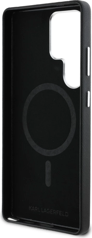 Mbështjellës Karl Lagerfeld Saffiano Full Wrapped Elongated Metal Logo MagSafe për Samsung Galaxy S25 Ultra, Zi