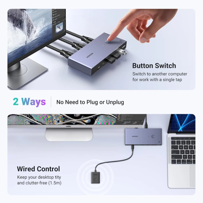 Switch KVM HDMI UGREEN 25961 8K@60Hz HDMI 2.1, 4x USB 3.0 (3x USB-A + 1x USB-C), 2 kompjutera/1 monitor, gri, set me kabllo dhe kontrollues