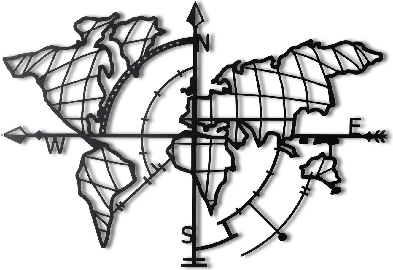 Aksesor dekorativ metalik për mur, hartë bote me busull dhe LED, ngjyrë e zezë