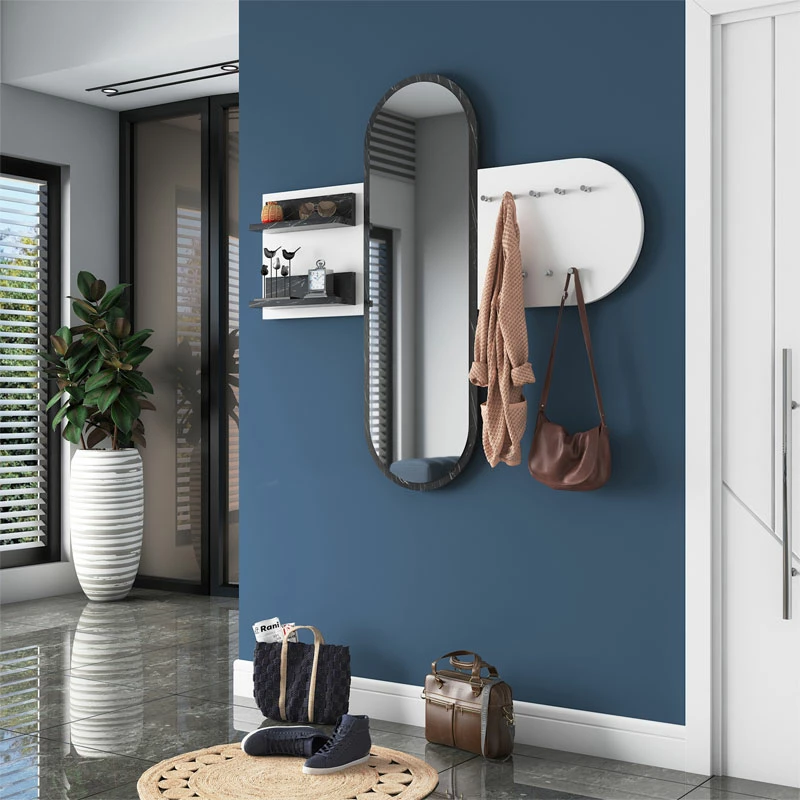 Varëse muri me pasqyrë, ngjyrë mermeri bardhë-e zezë, 125x8x122cm